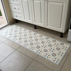 Alfombra" VINILICA" 50 cm x 1,50 cm FLOR GEOMÉTRICA AZUL Y DURAZNO