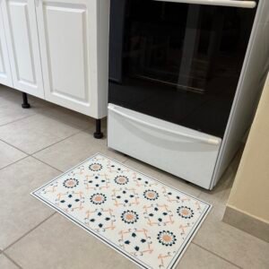 Alfombra " VINILICA" 40 cm x 60 cm FLORAL GEOMÉTRICA AZUL Y DURAZNO